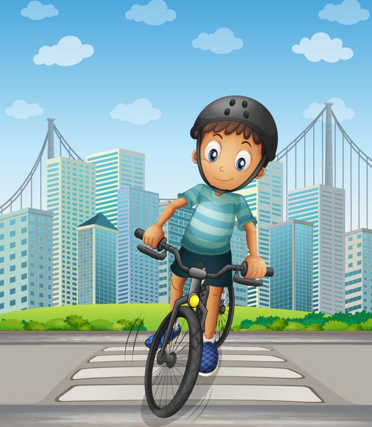 پسری در شهر دوچرخه سواری می کند