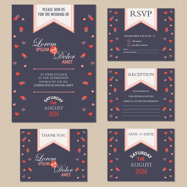 مجموعه دعوتنامه عروسی با تشکر کارت rsvp تاریخ را ذخیره کنید