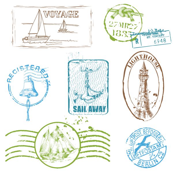 مجموعه وکتور تمبرهای دریایی رترو - برای طراحی و دفترچه