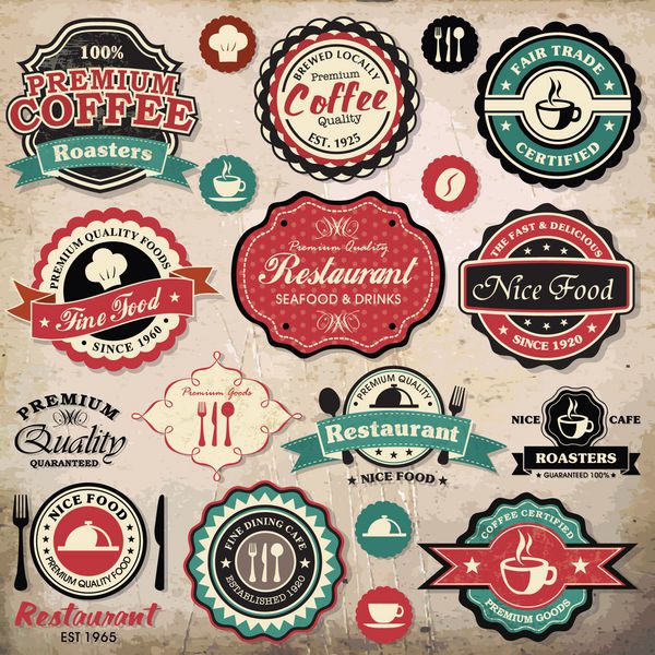 مجموعه ای از برچسب ها نشان ها و نمادهای قهوه و رستوران