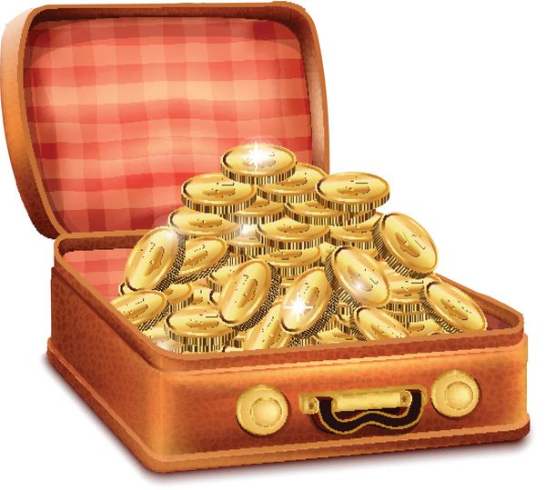 چمدان باز با سکه های طلا
