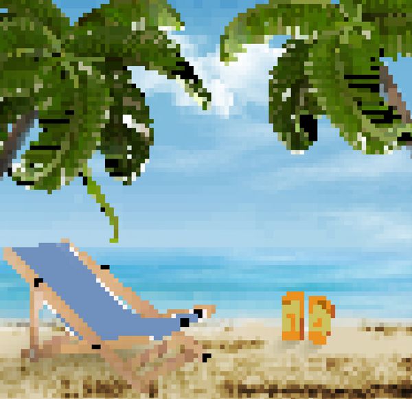 ساحل با درختان نخل و صندلی ساحلی مفهوم تعطیلات تابستانی ب