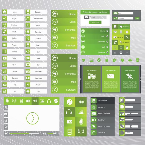 طراحی وب سبز عناصر دکمه ها آیکون ها قالب برای وب سایت