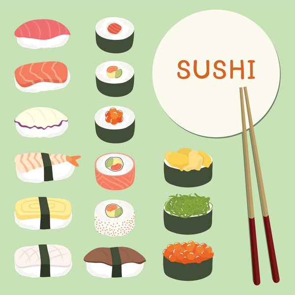 مجموعه سوشی خوشمزه آیکون های غذا غذاهای ژاپنی