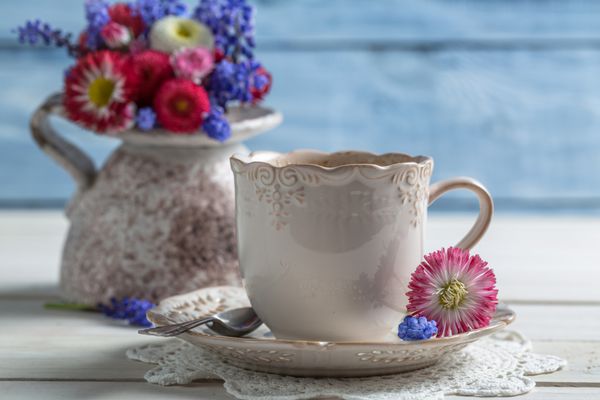 نمای نزدیک از گل های دیزی و فنجان قهوه