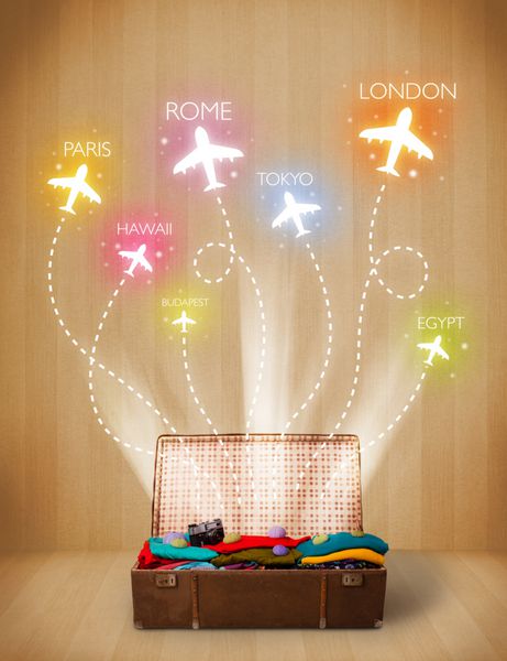 کیف مسافرتی با لباس ها و هواپیماهای رنگارنگ در حال پرواز