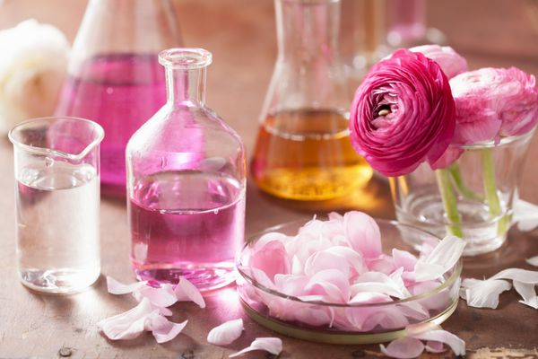 مجموعه کیمیاگری و آروماتراپی با گل و فلاسک های ranunculus