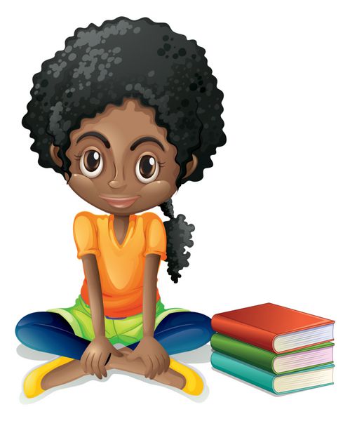 دختر جوان سیاه پوستی که کنار کتاب هایش نشسته است