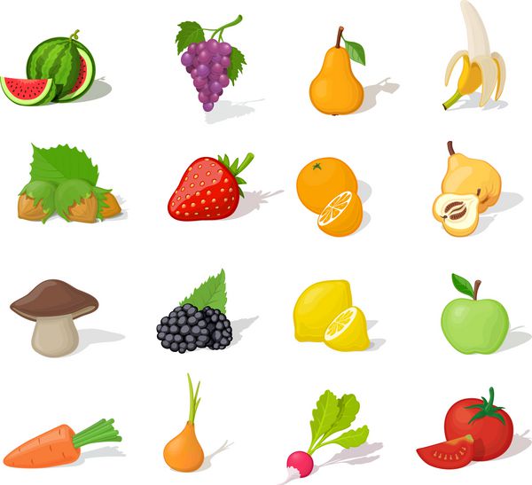 مجموعه آیکون میوه و سبزیجات خنده دار کودکان غذای سالم