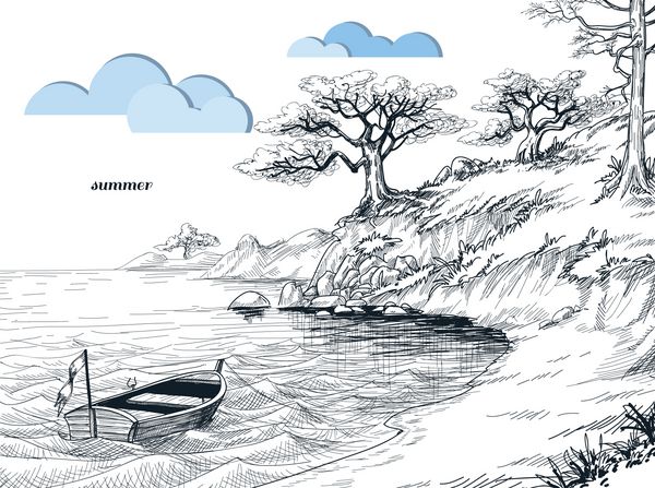 طرح تابستانی مناظر دریا درختان زیتون در ساحل قایق کوچک در آب