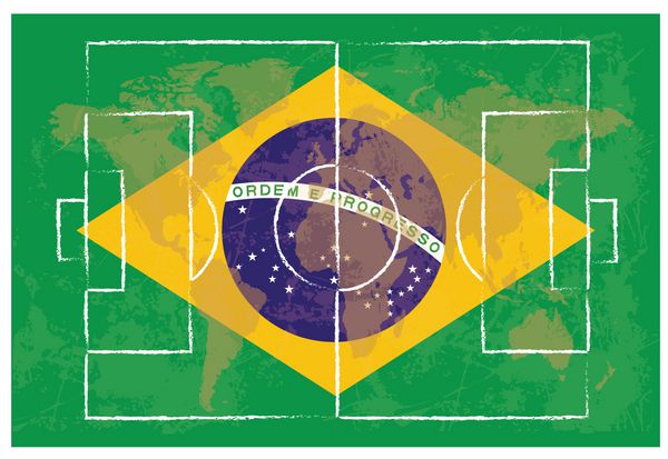 زمین فوتبال در پس زمینه پرچم برزیل