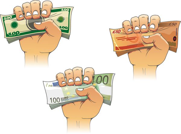 دست گرفتن پول با اسکناس های دلار یورو و پوند