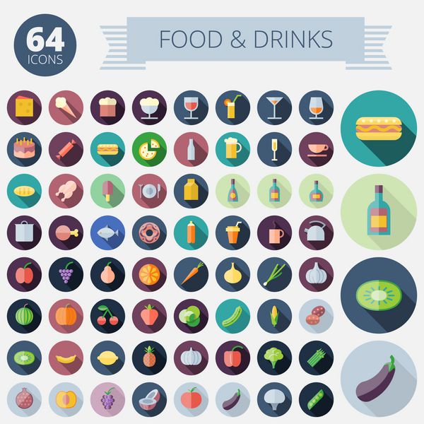 نمادهای طراحی مسطح برای غذا و نوشیدنی