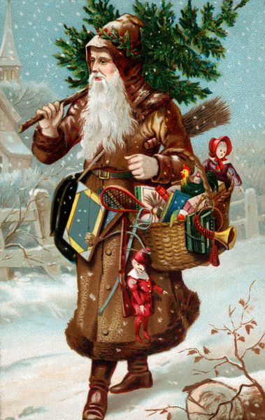 یک تصویر قدیمی کریسمس از کریسمس پدر با یک کیسه هدایا حدود 1890