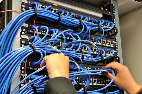 مردی که کابل های شبکه را به سوئیچ ها متصل می کند