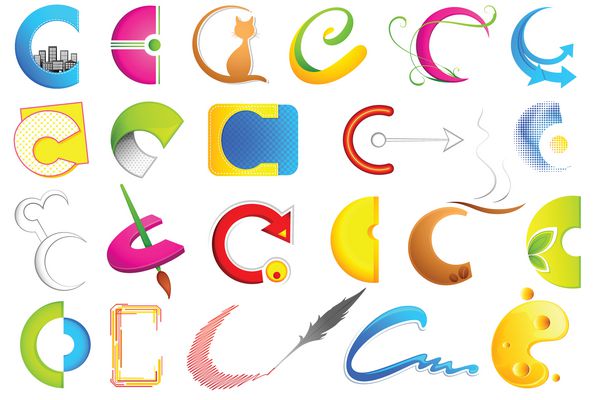 تصویر مجموعه ای از نمادهای مختلف لوگوی رنگارنگ برای الفبای ج