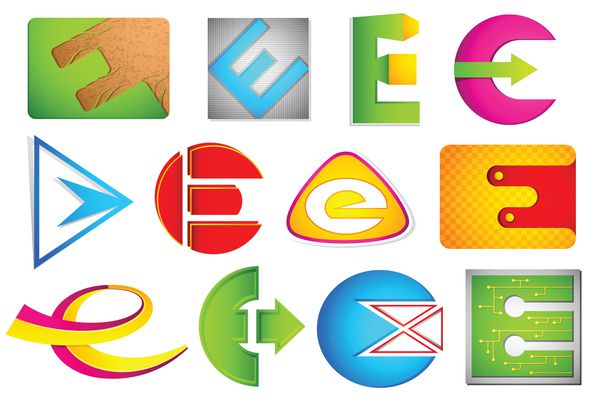 تصویر مجموعه ای از نمادهای مختلف لوگوی رنگارنگ برای الفبای e