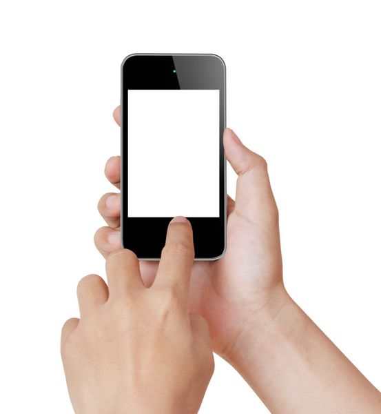 تلفن همراه با صفحه نمایش لمسی در دست