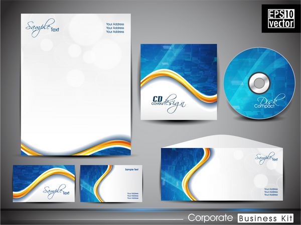کیت تجاری هویت شرکتی حرفه ای با الگوی موج انتزاعی شامل طرح های جلد سی دی پاکت نامه کارت ویزیت و سر نامه در است