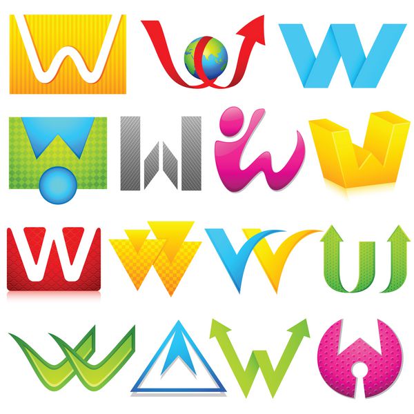 تصویر مجموعه ای از نمادهای مختلف لوگوی رنگارنگ برای الفبای w