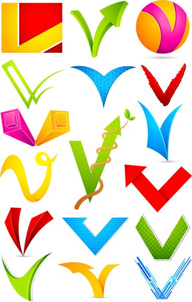 تصویر مجموعه ای از نمادهای مختلف لوگوی رنگارنگ برای الفبای v