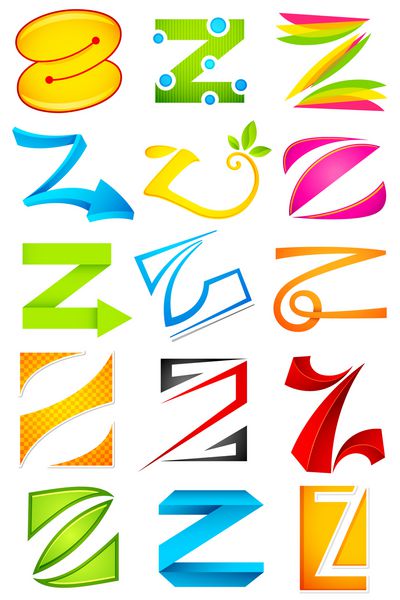 تصویر مجموعه ای از نمادهای مختلف لوگوی رنگارنگ برای الفبای z