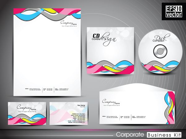 کیت حرفه ای هویت سازمانی یا کیت تجاری با جلوه موج هنری و انتزاعی برای کسب و کار شما شامل طرح های جلد سی دی کارت ویزیت پاکت نامه و سر نامه با فرمت است