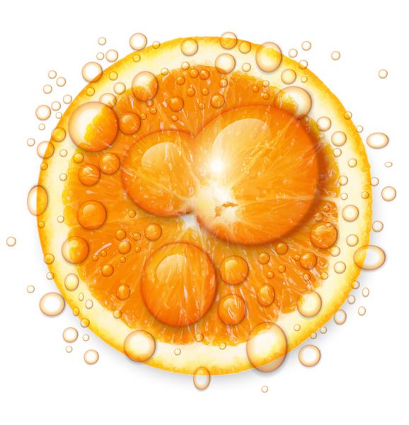 میوه نارنجی با قطرات آب جدا شده در پس زمینه سفید وکتور