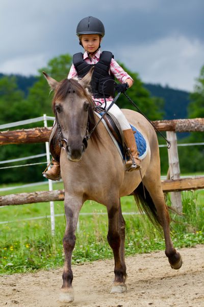 اسب سواری سوارکاری دوست داشتنی - دختر بچه در حال اسب سواری است
