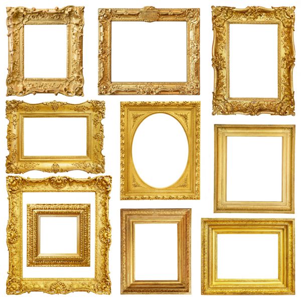 مجموعه ای از قاب پرنعمت طلایی جدا شده در پس زمینه سفید
