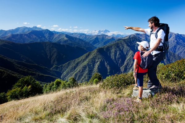 مرد و پسر جوانی که در یک چمنزار کوهستانی ایستاده اند مرد به سمتی اشاره می کند و چیزی را به پسر نشان می دهد فصل تابستان آسمان آبی روشن توده مونته روزا پیمونته آلپ ایتالیای غربی