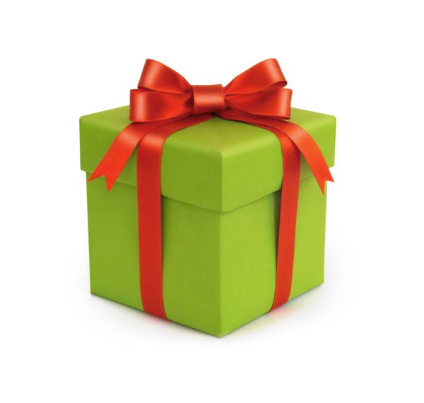 یک هدیه سبز با یک روبان قرمز و یک پاپیون