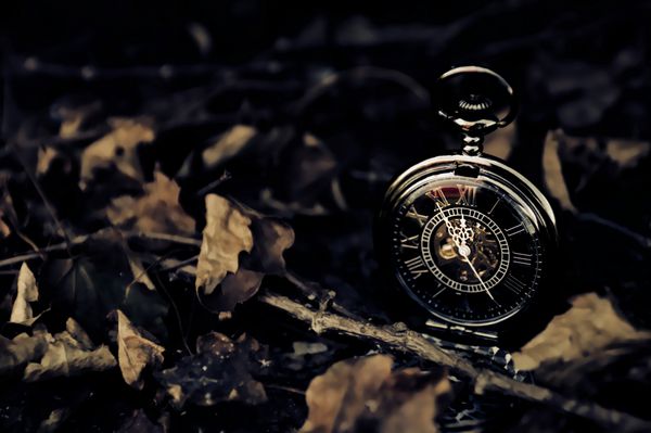 زمان - ساعت جیبی قدیمی با برگ های پاییزی