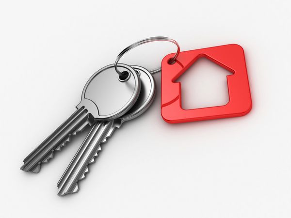 خانه قرمز و کلید در پس زمینه سفید رندر سه بعدی