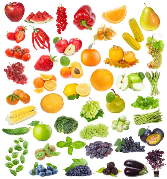 مجموعه ای با میوه ها انواع توت ها و گیاهان در زمینه سفید