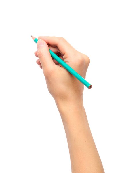 دست زنی که مدادی در پس زمینه سفید در دست گرفته است