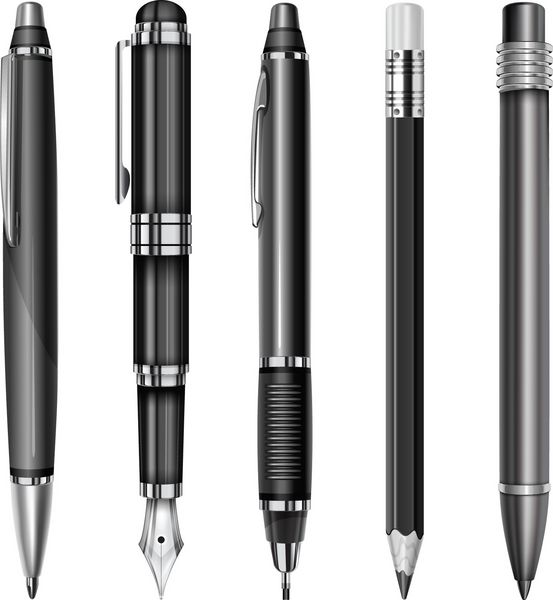 مجموعه ای از خودکارها و مدادهای سیاه جدا شده روی سفید وکتور