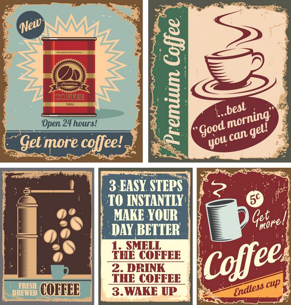 پوسترهای قهوه قدیمی و تابلوهای فلزی قهوه رترو مجموعه ای از طرح های گرافیکی وکتور قهوه