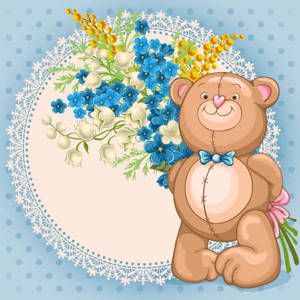 پس زمینه زیبا با خرس عروسکی که دسته گل را نگه می دارد