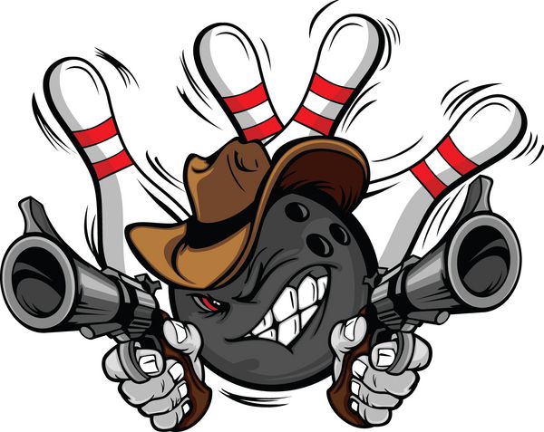 کارتون توپ بولینگ f با کلاه گاوچرانی که اسلحه‌هایی را در دست گرفته و هدف قرار می‌دهد با پین‌های بولینگ پشت سر