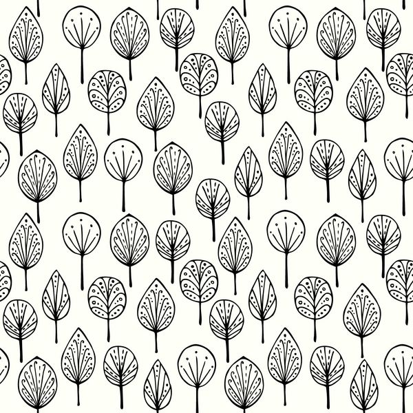 بافت خطی بدون درز با برگ های زینتی الگوی سیاه و سفید کشیده شده با دست بی پایان قالب برای طراحی پارچه پس زمینه بسته بندی کاغذ بسته بندی