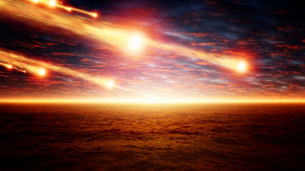 پیشینه علمی انتزاعی - برخورد سیارک غروب خورشید بر روی دریا افق درخشان