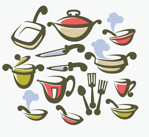 مجموعه وکتور نمادهای تجهیزات آشپزی ظرف و غذا