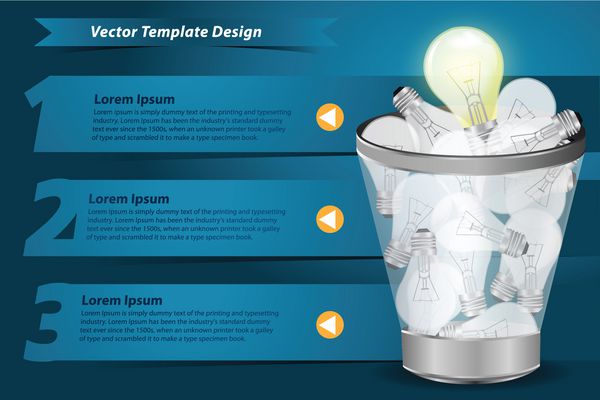 الگوی خلاقانه با لامپ در سطل زباله با طرح مدرن اینفوگرافیک بنرهای شماره دار نمایش های رنگارنگ با حروف اعداد وکتور