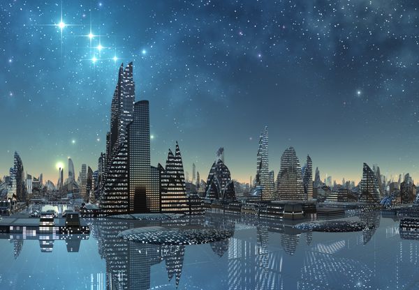 شهر بیگانه آینده نگر در شب - آثار هنری کامپیوتری