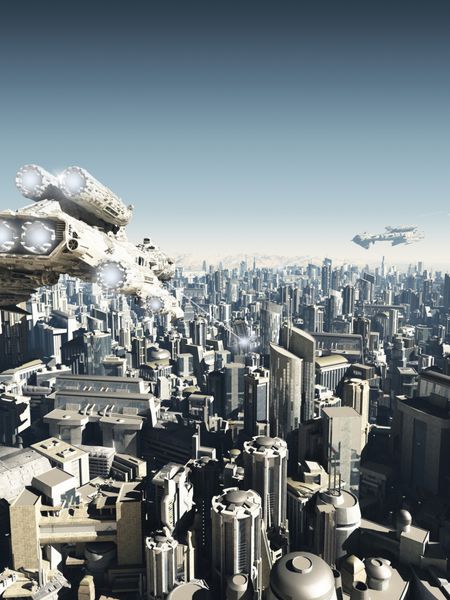 شهر علمی تخیلی در حال حمله از بالا تصویر سه بعدی دیجیتالی