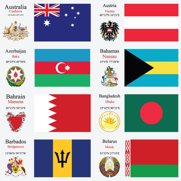 پرچم های جهان استرالیا اتریش آذربایجان باهاما بحرین بنگلادش بادوس و بلاروس با پایتخت مختصات جغرافیایی و نشان تصویر هنری وکتور