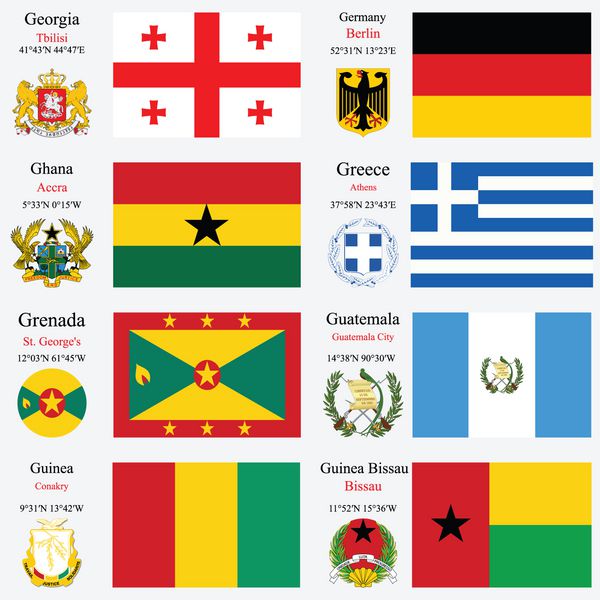 پرچم های جهان گرجستان آلمان غنا یونان گرانادا گواتمالا گینه و گینه بیسائو با حروف بزرگ مختصات جغرافیایی و نشان وکتور هنری
