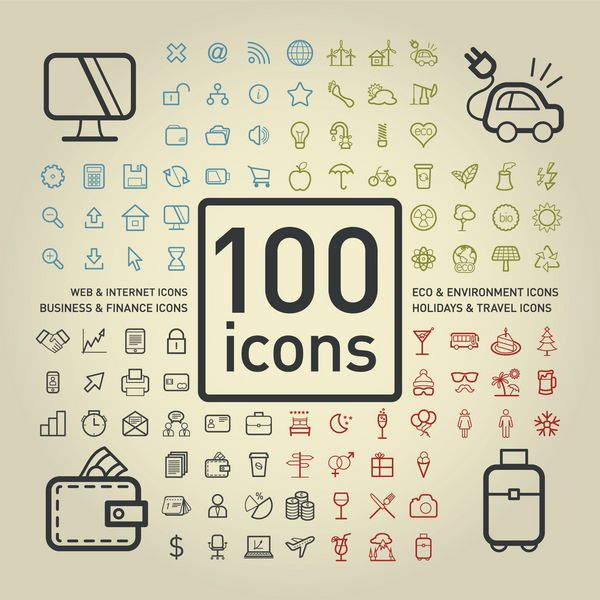 100 نماد مشخص از تعطیلات و سفر تجارت و اقتصاد وب و اینترنت محیط زیست و محیط زیست