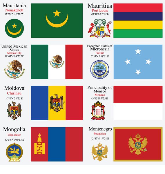 پرچم‌های جهانی موریتانی موریس مکزیک میکرونزی مولداوی موناکو مغولستان و مونته‌نگرو با سرپخت مختصات جغرافیایی و نشان تصویر هنری وکتور
